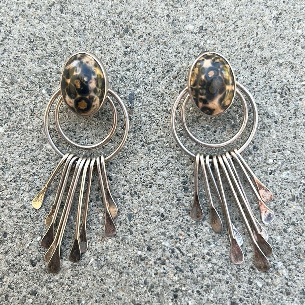 Vintage Sterling‎ Silver Dangle Fringe Earrings Jasper Leopard Oval Stone